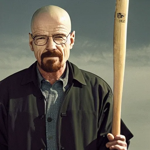 Image similar to Breaking Bad Walter White smiling while holding a baseball bat