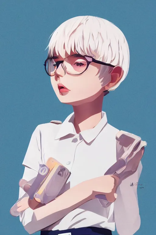 Image similar to a cute girl with shoulder - length white short hair wearing school uniform, mauve background, white hair, dark blue clothes double ball head, sharp focus, pure background color, illustration, morandi color scheme, art station, by ilya kuvshinov