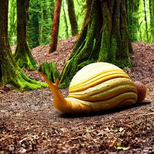 Prompt: A giant snail coming out of the ground in a forest