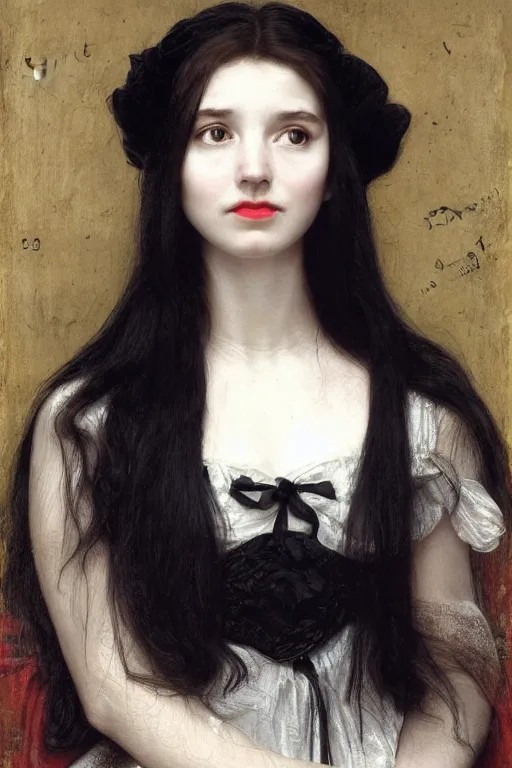 Image similar to picture portrait,(((((((((((((young woman's face))))))))))))), long black hair, pale skin, digital render, super-detailed , by Millais