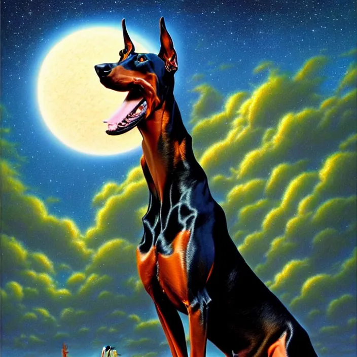 Prompt: graceful doberman in moonlight, tim hildebrandt, wayne barlowe, bruce pennington, donato giancola, larry elmore, oil on canvas, masterpiece, trending on artstation, featured on pixiv, cinematic composition, dramatic pose, beautiful lighting, sharp, details, hyper - detailed, hd, hdr, 4 k, 8 k