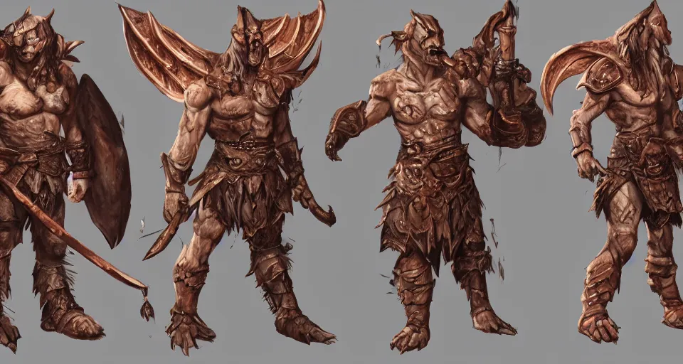 Prompt: concept art of a wounded, copper DnD dragonborn barbarian with a lot of battlescars, character design, concept art, render, fullbody shot turnaround, trending on artstation