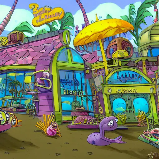 Image similar to bikini bottom drawn by stephen hillenburg, dynamic lighting, fantasy concept art, trending on art station, stunning visuals, creative, cinematic, ultra detailed