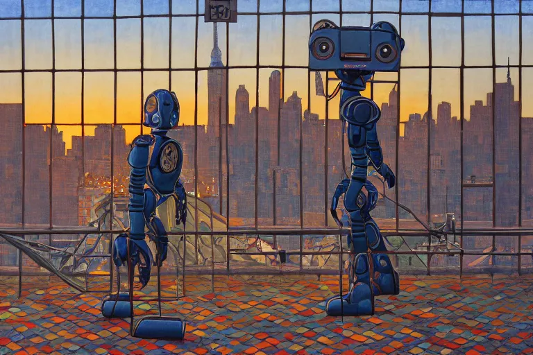 Prompt: painting of a robot, in a rooftop, watching new york, beautiful, sunset, romantic, by ludwig deutsch and maxfield parrish, patterned tilework, extremely detailed, cinematic lighting, smooth sharp focus