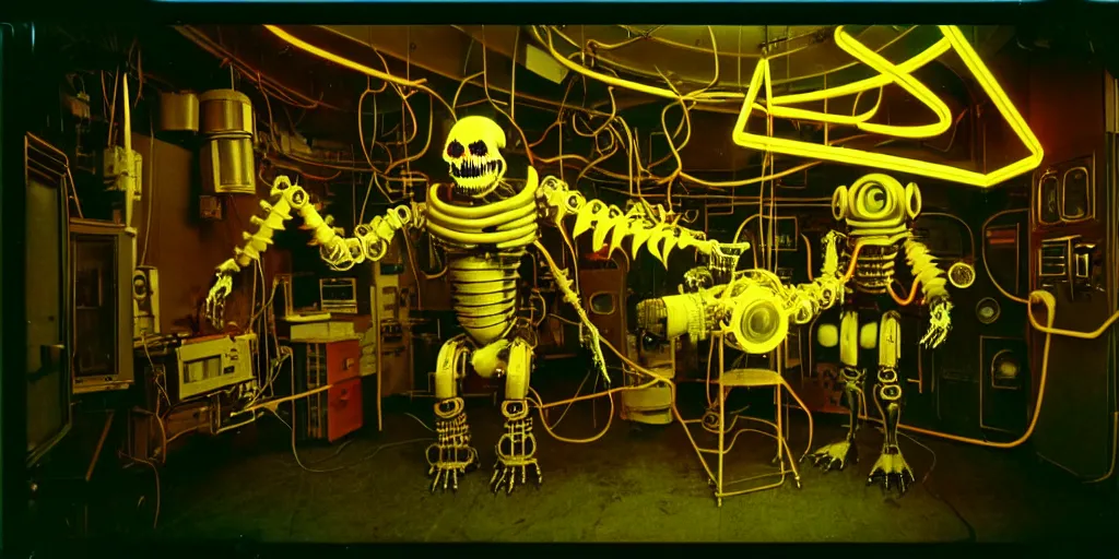 Prompt: movie still 3 5 mm film photograph a screaming and angry dangerous shape mechanical creature, with multiple sharp, leaking pistons, robot skulls and blades protruding from its lower torso inside of a 1 9 7 0 s science lab, neon lights, dirty, ektachrome photograph, volumetric lighting, f 8 aperture, cinematic eastman 5 3 8 4 film