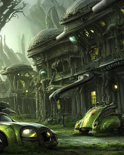 Image similar to xenomorph taxi car in a fantasy village, calming, uplifting mood, ultra realistic, farm, small buildings, highly detailed, epic lighting, elves, green plants, magic, illuminated, cinematic, morning sun, art by eddie mendoza