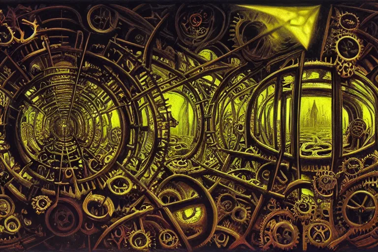 Image similar to the inside of a symmetrical hellish dungeon, mirrors and ancient gears, matte painting, 4 k, epic composition, volumetric light, abstract illusionism, by william stout, roberto da matta, pour paint