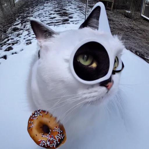 Image similar to Cat in a suit with a donut in its mouth, trail cam footage