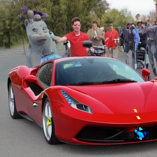 Prompt: shrek driving a ferrari