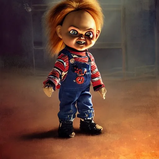 Image similar to the doll chucky in the middle of a cage fighting with doll annabelle, epic mma fight, dramatic poses, disneyland as backdrop, oil painting, by greg rutkowski