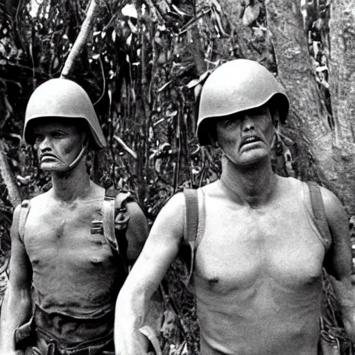 Prompt: Beavis and Butthead as soldiers in Vietnam, award winning historical photograph