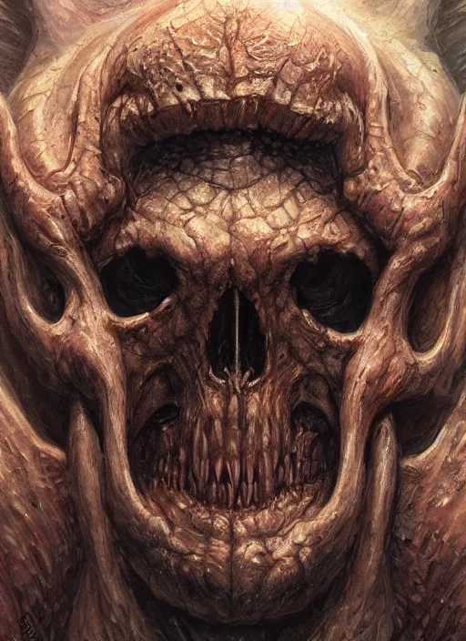 Image similar to realistic scifi monster in hell, closeup portrait art by donato giancola and greg rutkowski, realistic face, digital art, trending on artstation, skull helmet, symmetry!!!