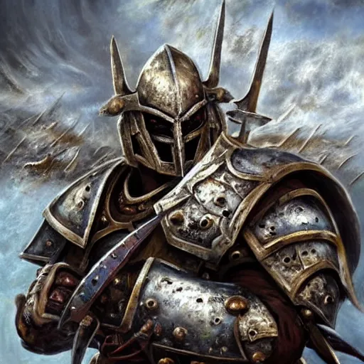 Image similar to a chaos warrior in heavy armor from warhammer, artstation hall of fame gallery, editors choice, # 1 digital painting of all time, most beautiful image ever created, emotionally evocative, greatest art ever made, lifetime achievement magnum opus masterpiece, the most amazing breathtaking image with the deepest message ever painted, a thing of beauty beyond imagination or words