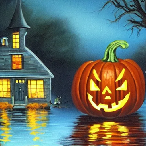 Prompt: halloween scene painted by bob ross