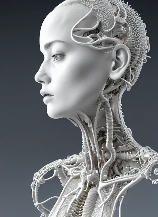 Image similar to complex 3d render ultra detailed of a beautiful porcelain profile woman face, mechanical cyborg, 150 mm, beautiful natural soft light, rim light, silver vanilla details, magnolia big leaves and stems, roots, fine foliage lace, maze like, mesh wire, intricate details, hyperrealistic, ultra detailed, mandelbrot fractal, anatomical, white metal neocubism armor, facial muscles, cable wires, microchip, elegant, octane render, H.R. Giger style, 8k