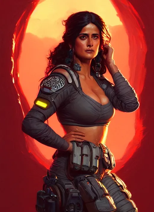 Image similar to portrait of apex legends salma hayek, intricate, elegant, glowing lights, highly detailed, digital painting, artstation, glamor pose, concept art, smooth, sharp focus, illustration, art by artgerm and greg rutkowski, artey freytag