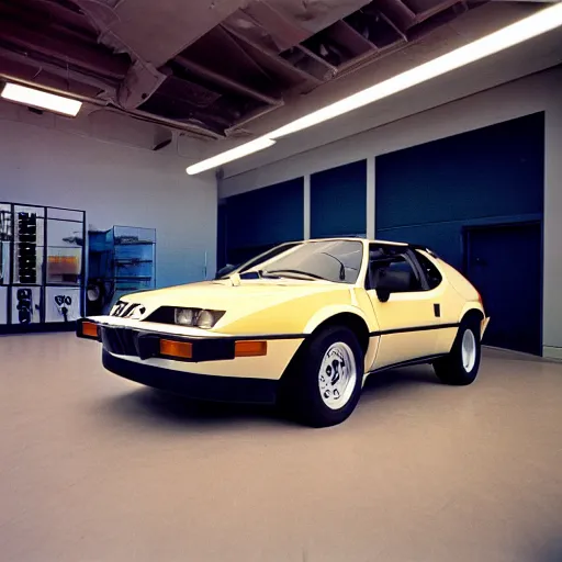 Image similar to 1979 Jeep BMW M1, inside of an auto dealership, ektachrome photograph, volumetric lighting, f8 aperture, cinematic Eastman 5384 film