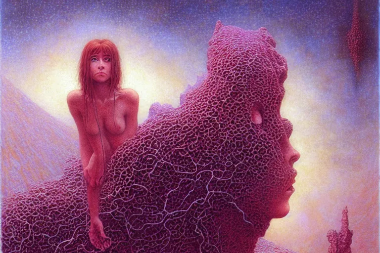 Image similar to cute young alyson hannigan with short hairs on lovecraftian planet by jean delville by luis royo and wayne barlowe, beksinski