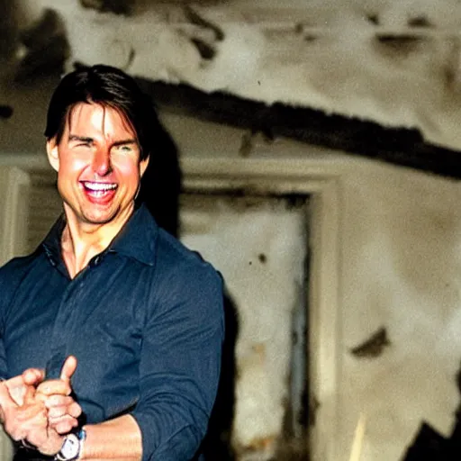 Image similar to Tom Cruise laughing in a house on fire