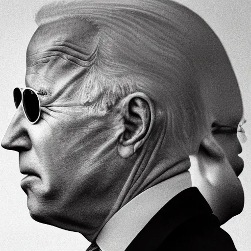 Prompt: A beautiful mixed media art of Joe Biden in profile, with their features appearing both in front of and behind their head. by David Burdeny funereal