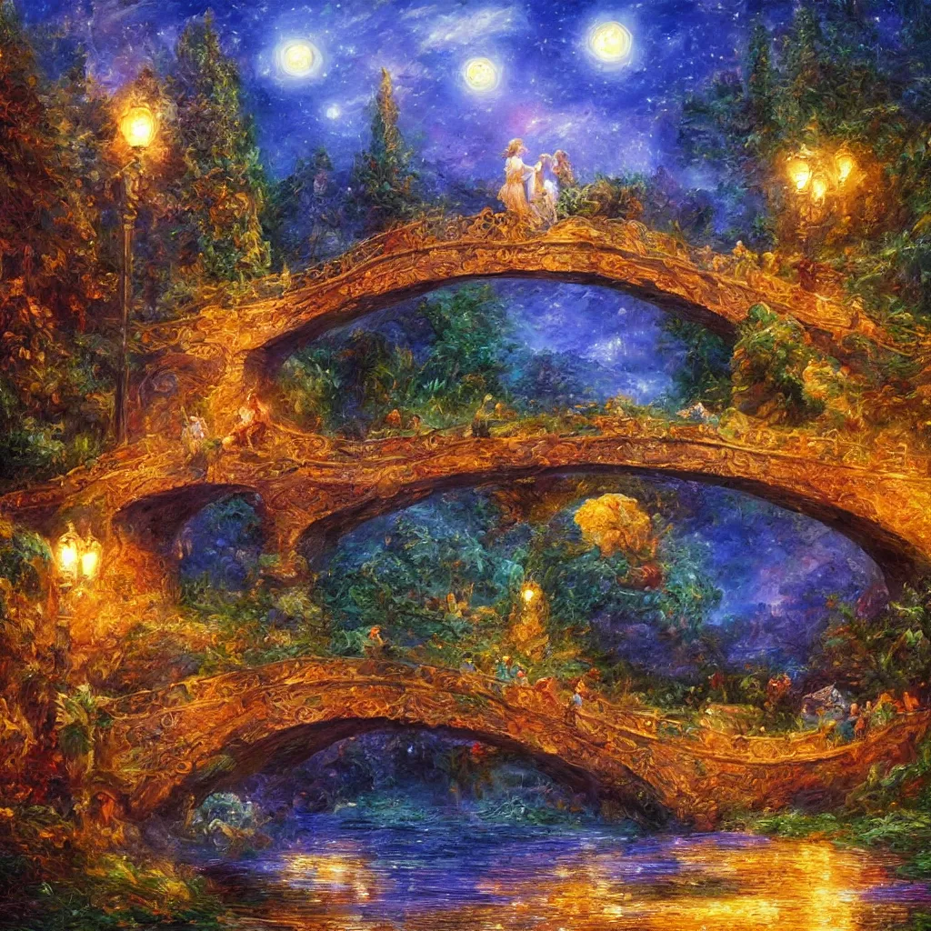 Prompt: 3 d high relief painting of fairyland bridge, outside of time and space, dreamy, romantic, night lighting, expressive impressionist style, highly detailed, 8 k