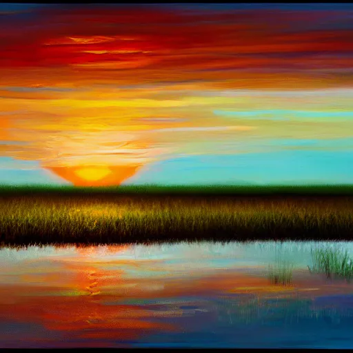 Image similar to sunrise in the everglades, oil painting, minimalist, digital art, 8 k photo