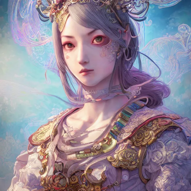 Prompt: studio portrait of neutral good rainbow colorful female cleric bard healer as absurdly beautiful, elegant, young skinny gravure idol, an ultrafine hyperdetailed illustration by kim jung gi, intricate linework, detailed symmetrical faces, sharp focus, bright colors, octopath traveler, final fantasy, unreal engine 5 highly rendered, global illumination, radiant light, detailed and intricate environment