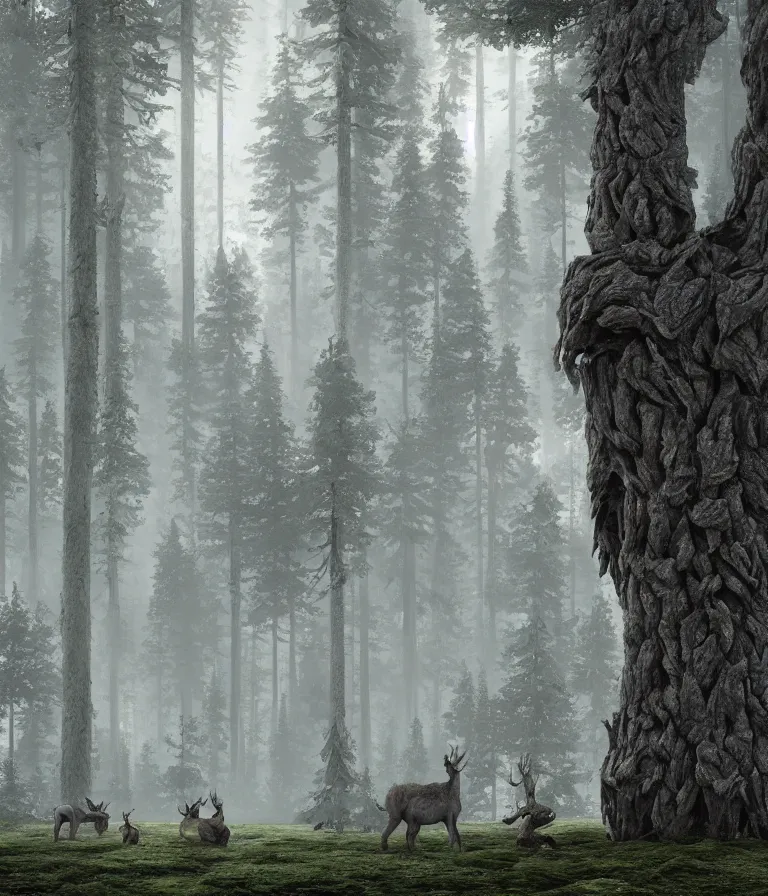 Image similar to a beautiful hyperrealistic detailed 3 d render colossal grey forest creatures guarding a wall of infinite pine trees, by anton otto fischer, atey ghailan, by goya, unreal engine, octane render, epic, 3 d, intricate, ultra wide, artstation, volumetric lighting, hdr, polished, micro details, ray tracing, 8 k