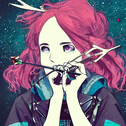 Prompt: close up, posing pointing with an arrow bow and screaming with fury, a grungy cyberpunk anime, very cute, by super ss, curly pink hair, night sky by wlop, james jean, victo ngai, highly detailed