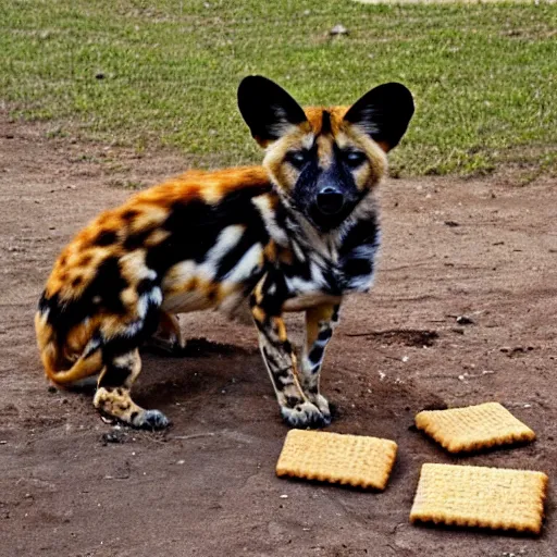 Prompt: a blissful african wild / painted dog eating and licking his graham crackers ( that i just tossed him ) : a good boy