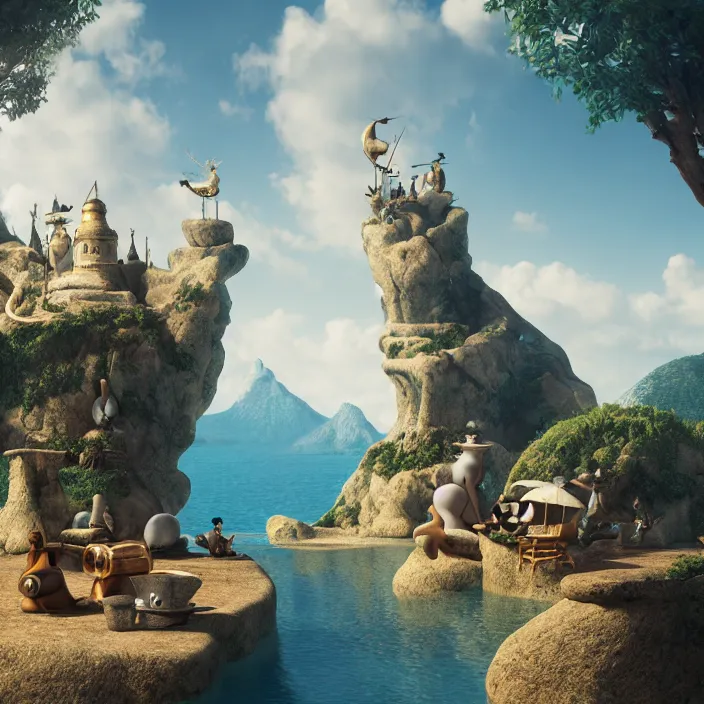 Image similar to a group of characters in a scenic environment by salvador dali, dreamy hazy, highly detailed, 3 d render, vray, octane, realistic lighting, photorealistic