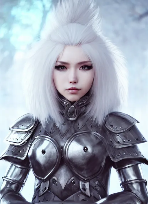 Image similar to warrior, fur leather armor!!! beautiful and elegant white hair female!! gorgeous ayes!! character concept art, sharp focus, octane render! unreal engine 5! highly rendered!! trending on artstation!! detailed linework!! illustration by artgerm, wlop, and chie yoshii