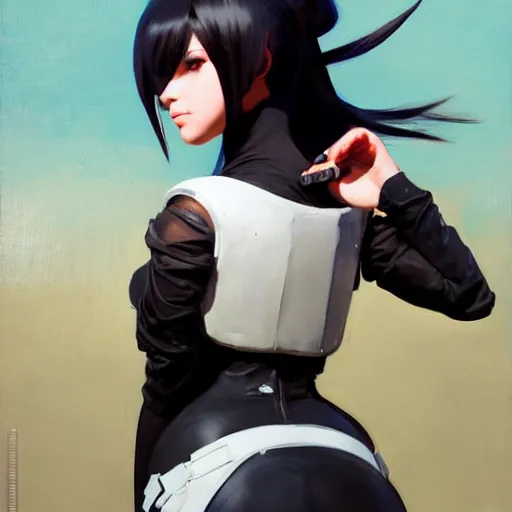 Image similar to greg manchess portrait painting of yorha type a no. 2 as tracy from overwatch, back shot, asymmetrical, profile picture, organic painting, sunny day, matte painting, bold shapes, hard edges, street art, trending on artstation, by huang guangjian and gil elvgren and sachin teng