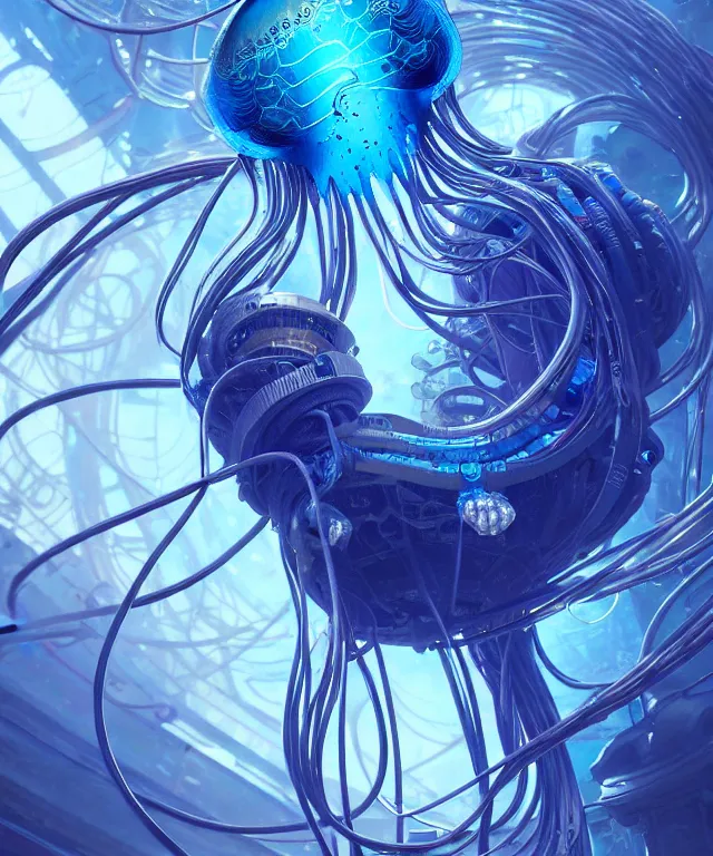 Image similar to a hyper detailed painting of a cyberpunk jellyfish, cables everywhere, blue tones, underwater, highly detailed, digital painting, artstation, concept art, smooth, sharp focus, illustration, art by artgerm and greg rutkowski and alphonse mucha