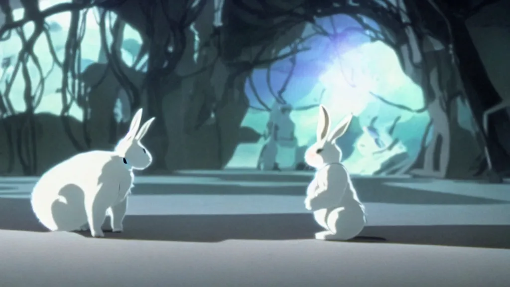 Prompt: a white rabbit waits in front of volumetric light, anime film still from the an anime directed by Katsuhiro Otomo with art direction by Salvador Dalí, wide lens