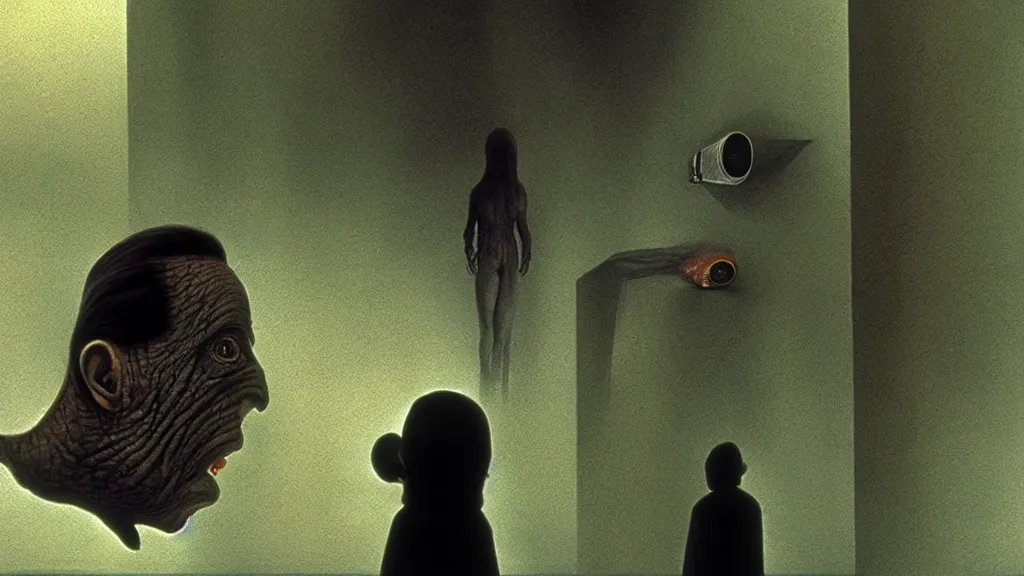 Image similar to the strange creature from my eye, we wait in line at the bank, film still from the movie directed by denis villeneuve and david cronenberg with art direction by salvador dali and zdzisław beksinski, wide lens