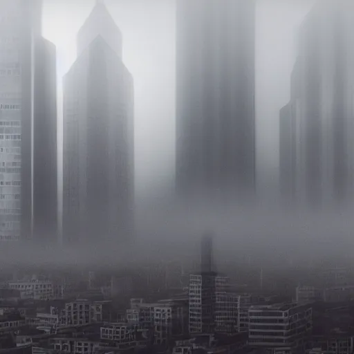 Prompt: a foggy city with tall buildings and a monster obscured by the fog moving between the buildings, found footage style, 8k, hyper realistic