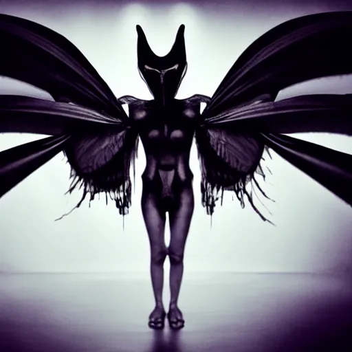 Image similar to a dark artistic photo of an alien creature with crazy wings, a polaroid photo