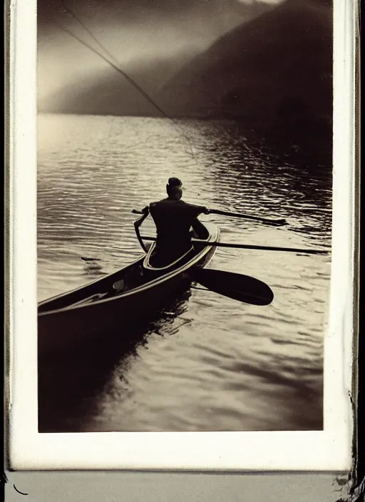 Image similar to a man rowing a rowboat, flash polaroid photo by george hurrell, hazy light rays