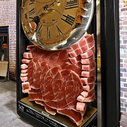 Image similar to “a large mechanical clock made out of deli meats”