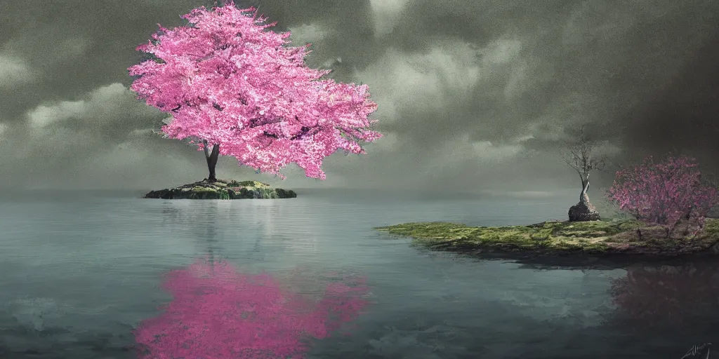 Image similar to a single sakura tree growing upon an island in a lake, illustration, light beams, digital art, oil painting, fantasy, 8 k, trending on artstation, detailed