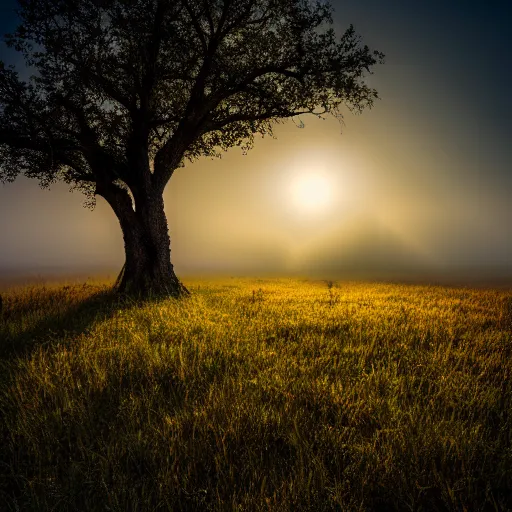 Prompt: dramatic backlit tall lone oak tree in a misty grass field surrounding by a large mountain range, 3 2 0 0 k color temp, volumetric lighting, volumetric shadows, hdr, 8 k, 8 mm nikor lens,