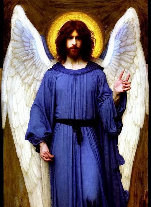 Image similar to portrait of beautiful male archangel in white robes with blue light streaming down from heaven, pre - raphaelite painting by john william waterhouse, trending on artstation. highly detailed, symmetrical face.