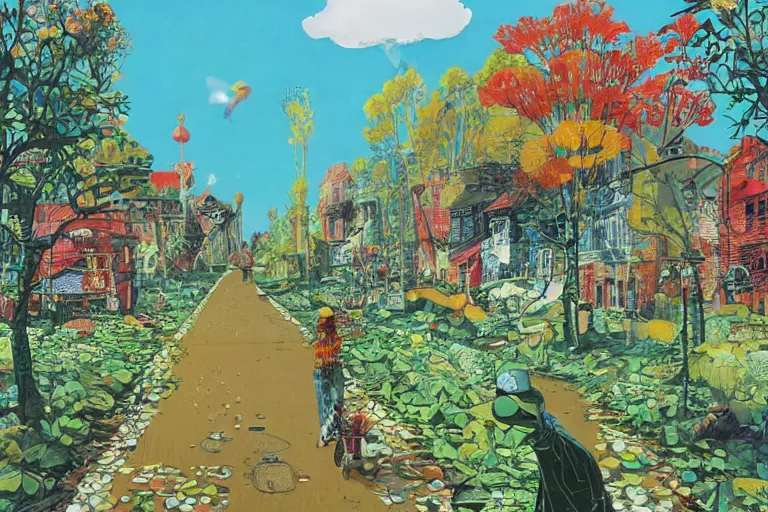 Image similar to surreal glimpse into other universe, jalan - jalan cari makan, summer morning, very coherent and colorful high contrast, art by!!!! gediminas pranckevicius!!!!, geof darrow, floralpunk screen printing woodblock, dark shadows, hard lighting, stipple brush technique,