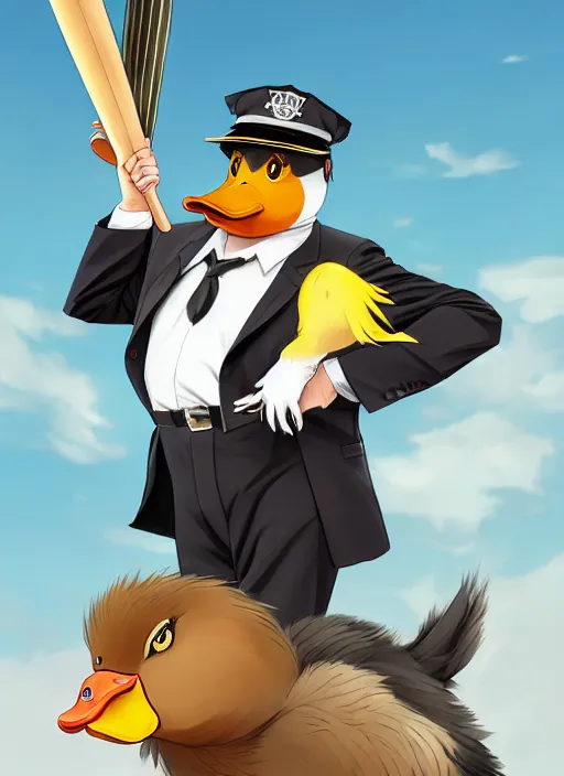 Image similar to commissioned full body portrait of a male anthro duck fursona with a duck head wearing a nice black suit and a fedora holding a baseball bat sitting on the hood of a police patrol car in a baseball stadium, by a professional manga illustrator, Stanley Artgerm Lau, WLOP, Rossdraws, James Jean, Andrei Riabovitchev, Marc Simonetti, and Sakimichan, trending on artstation