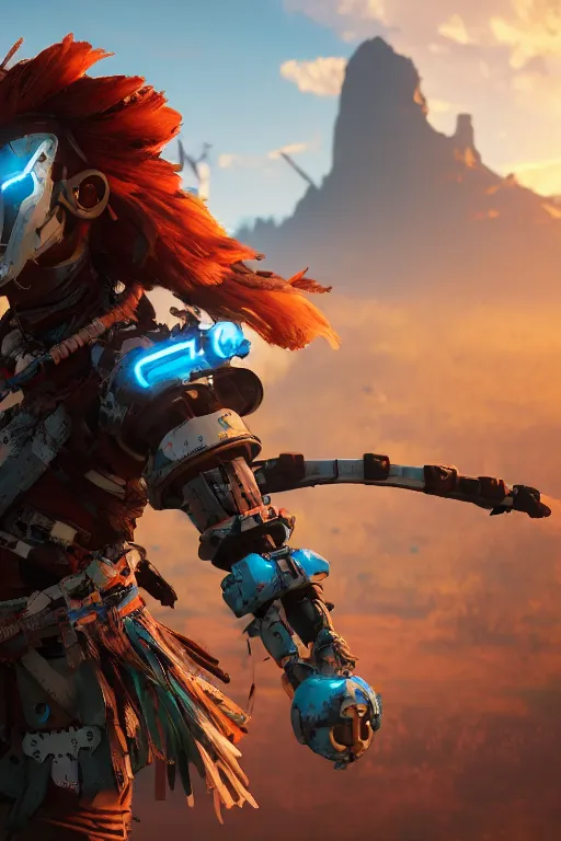 Image similar to combination suit armor aloy horizon forbidden west horizon zero dawn robot ninja mask helmet backpack tribal, aesthetic octane render, 8 k hd resolution, by ilya kuvshinov and cushart krentz and gilleard james radiating a glowing aura cgi rtx 2 0 2 2