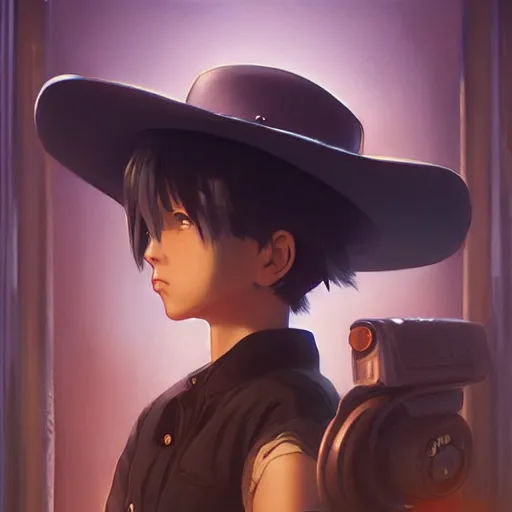 Image similar to A cowboy cat with big and cute eyes, fine-face, realistic shaded perfect face, fine details. realistic shaded lighting poster by Ilya Kuvshinov katsuhiro otomo ghost-in-the-shell, magali villeneuve, artgerm, Jeremy Lipkin and Michael Garmash, Rob Rey and Kentarõ Miura style, trending on art station