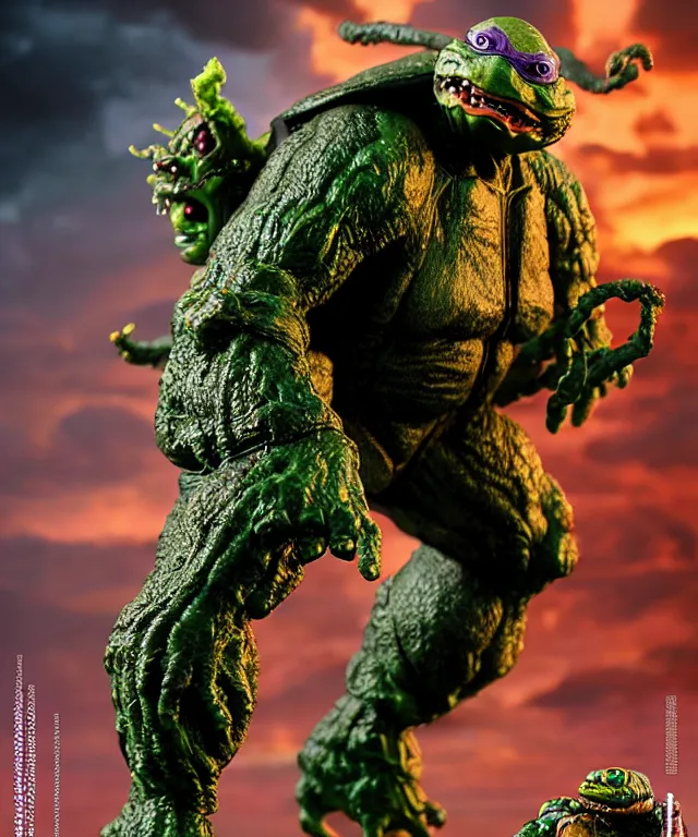 Image similar to hyperrealistic rendering, epic boss battle, cronenberg flesh monster tmnt, by art of skinner and richard corben, product photography, collectible action figure, sofubi, hottoys, storm clouds, outside, lightning