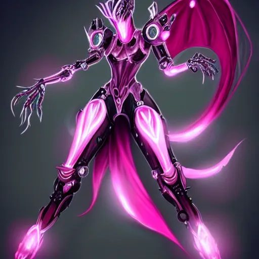 Prompt: highly detailed realistic exquisite fanart, of a beautiful female warframe, but as an anthropomorphic elegant robot female dragon, glowing eyes, shiny and smooth off-white plated armor, bright Fuchsia skin beneath the armor, sharp claws, robot dragon four fingered hands, and robot dragon three clawed feet, royal elegant pose, full body and head shot, epic cinematic shot, professional digital art, high end digital art, DeviantArt, artstation, Furaffinity, 8k HD render, epic lighting, depth of field