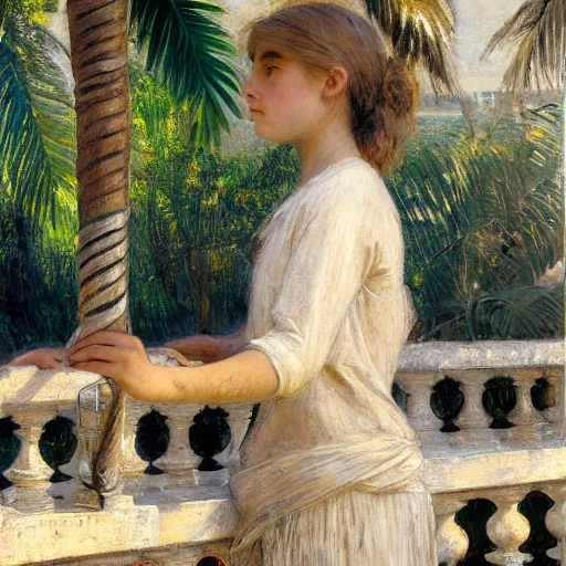 Image similar to a ultradetailed beautiful painting of a girl in the amazonas palace balustrade designed by jules bastien - lepage, hans belmer, frank weston and gustave baumann, beach, trending on artstation, mediterranean, palm trees, refracted color sparkles, sharp focus, soft light, 8 k 4 k